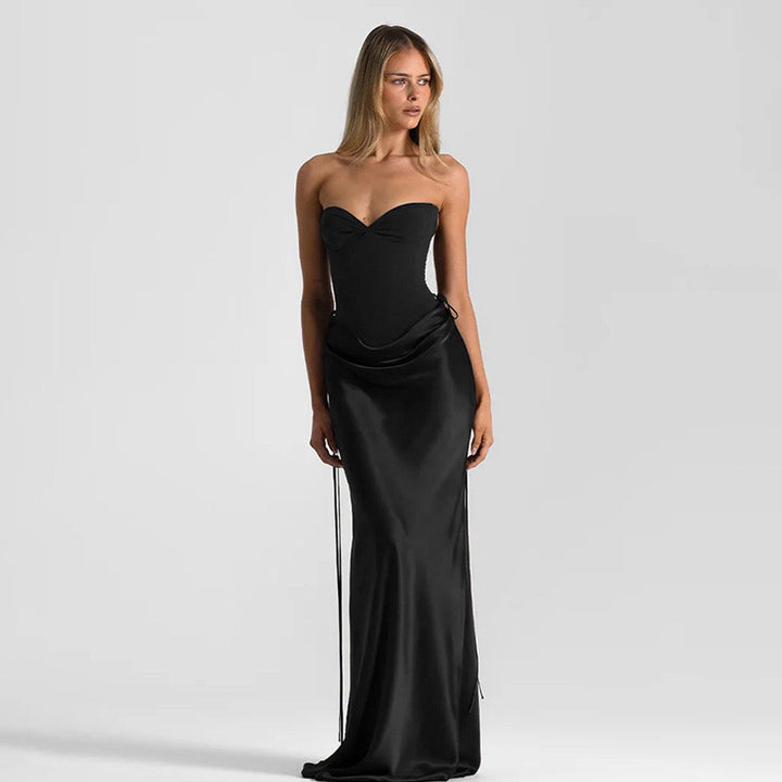Strapless satin maxi dress with bodysuit corset design - Ariel