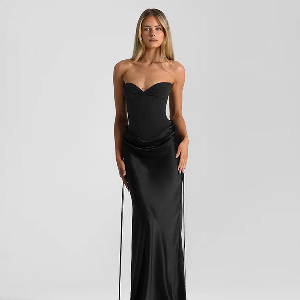 Strapless satin maxi dress with bodysuit corset design - Ariel