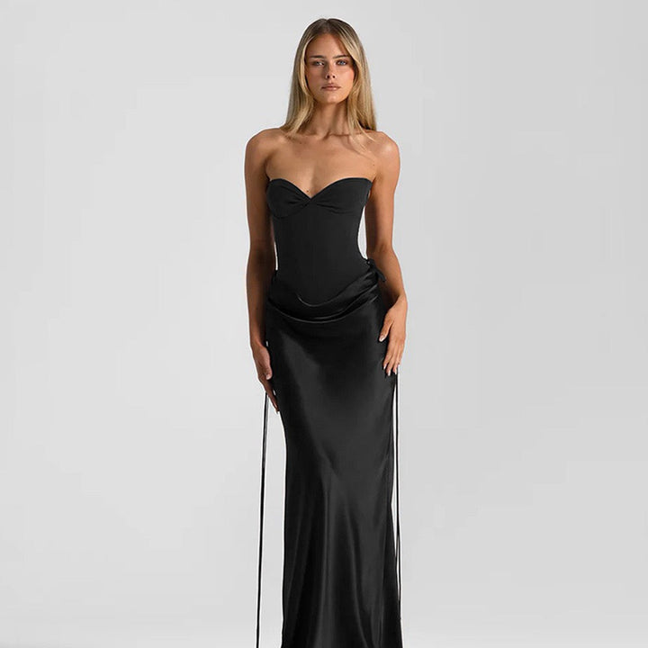 Strapless satin maxi dress with bodysuit corset design - Ariel