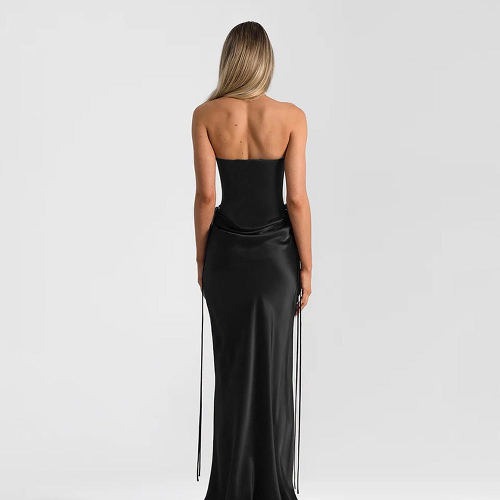 Strapless satin maxi dress with bodysuit corset design - Ariel