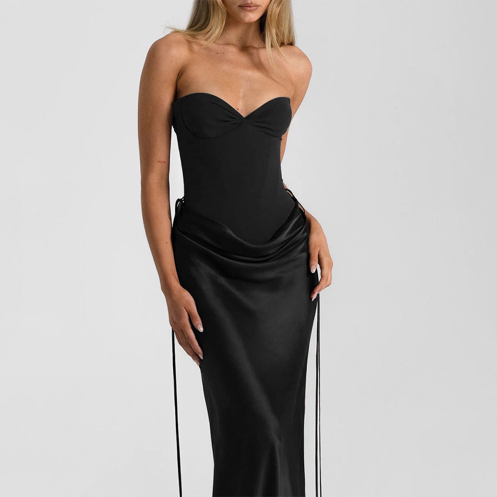 Strapless satin maxi dress with bodysuit corset design - Ariel
