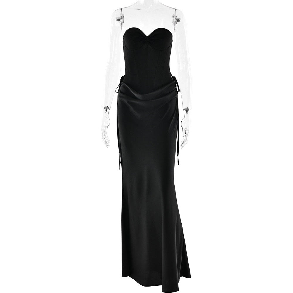 Strapless satin maxi dress with bodysuit corset design - Ariel