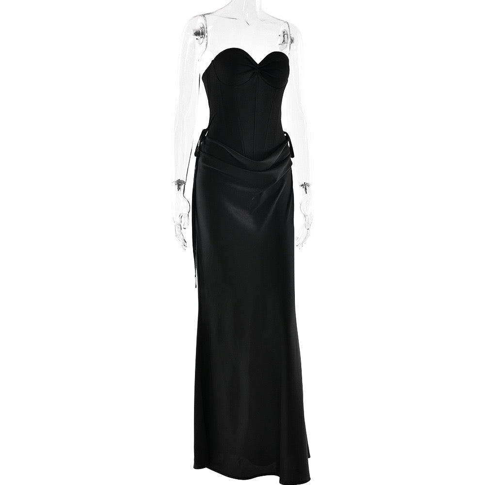Strapless satin maxi dress with bodysuit corset design - Ariel