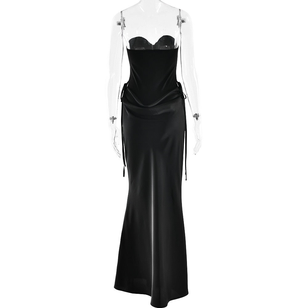 Strapless satin maxi dress with bodysuit corset design - Ariel