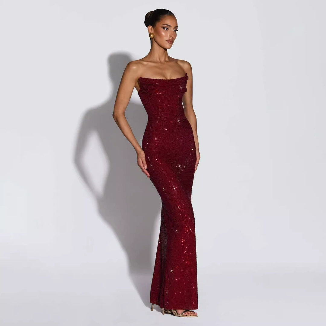 Strapless maxi evening dress with sparkling rhinestone embellishments – GLOW