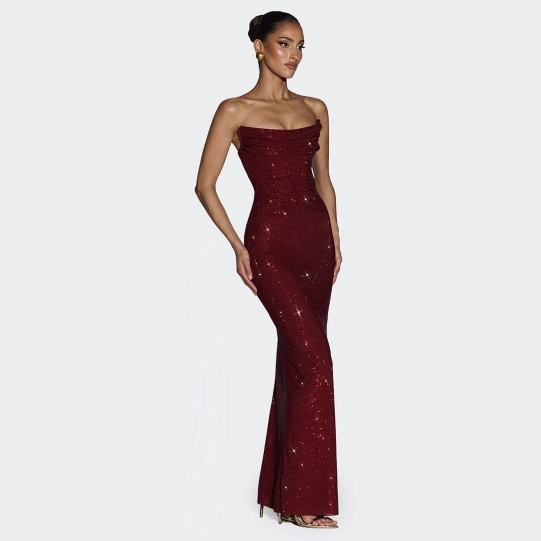 Strapless maxi evening dress with sparkling rhinestone embellishments – GLOW