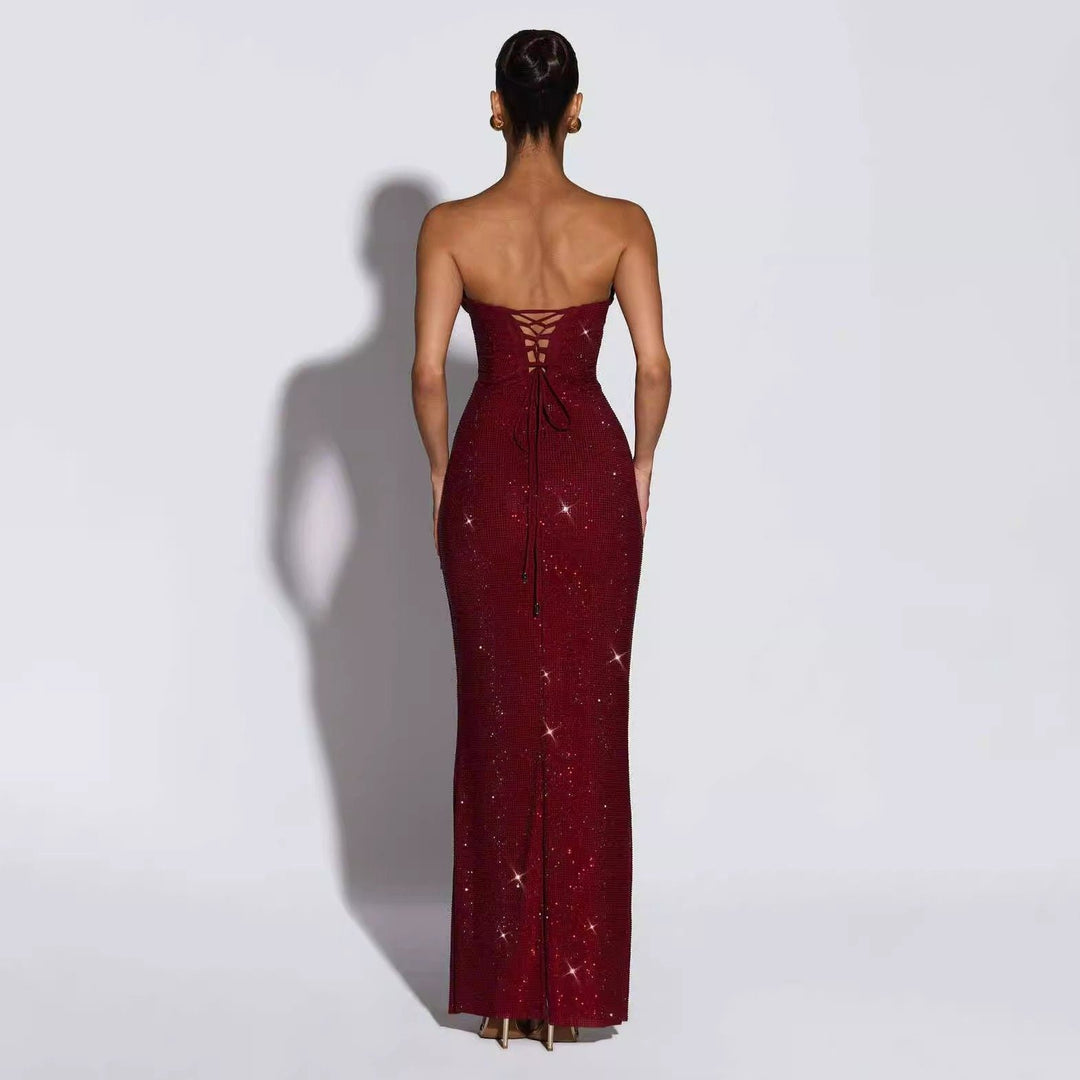 Strapless maxi evening dress with sparkling rhinestone embellishments – GLOW