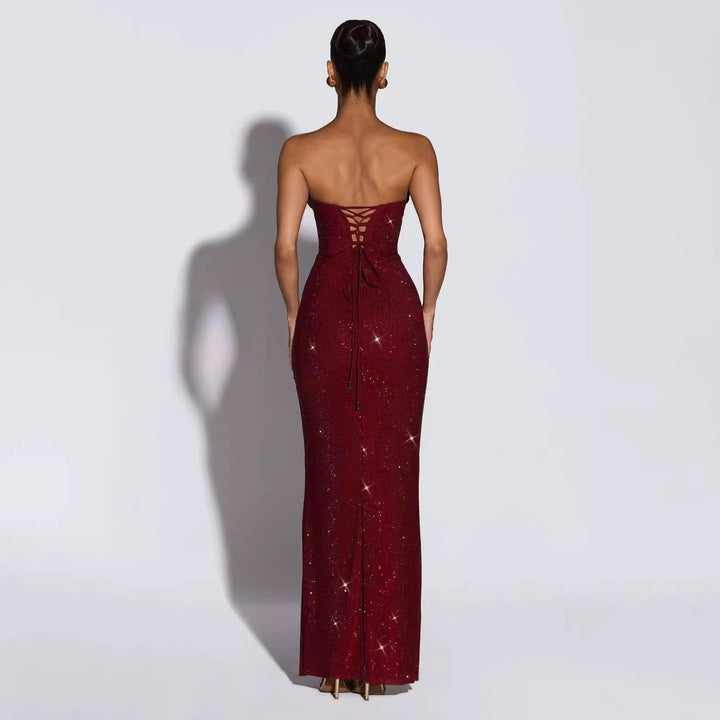 Strapless maxi evening dress with sparkling rhinestone embellishments – GLOW