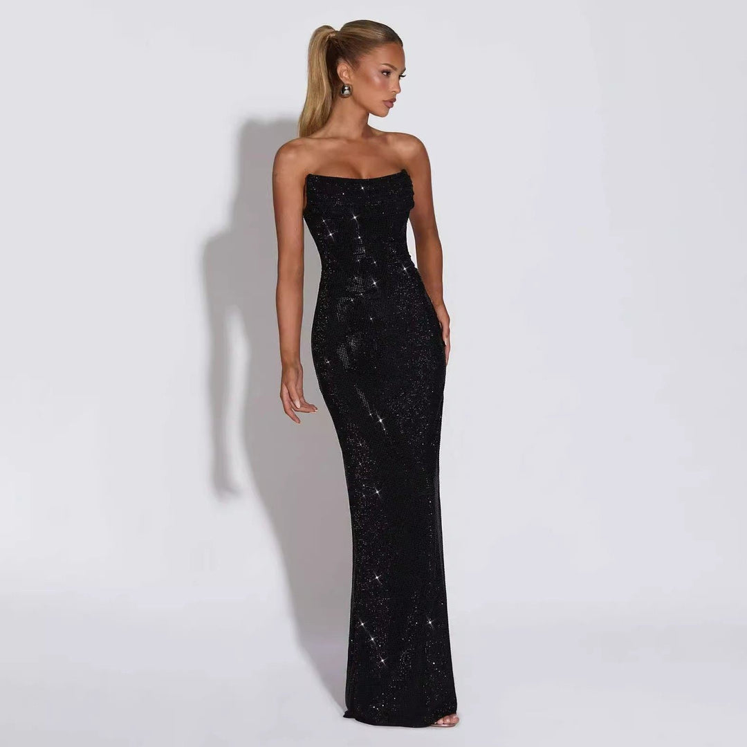 Strapless maxi evening dress with sparkling rhinestone embellishments – GLOW
