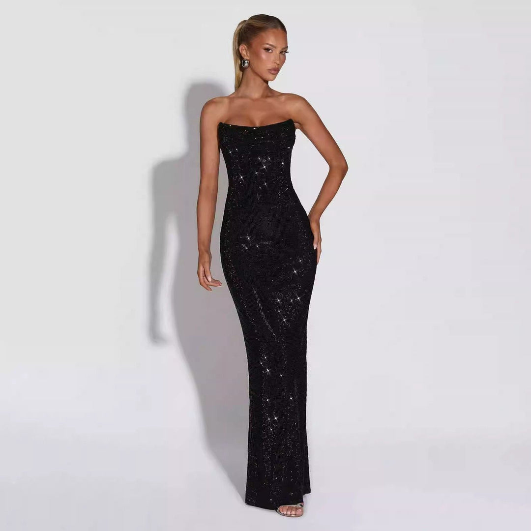 Strapless maxi evening dress with sparkling rhinestone embellishments – GLOW