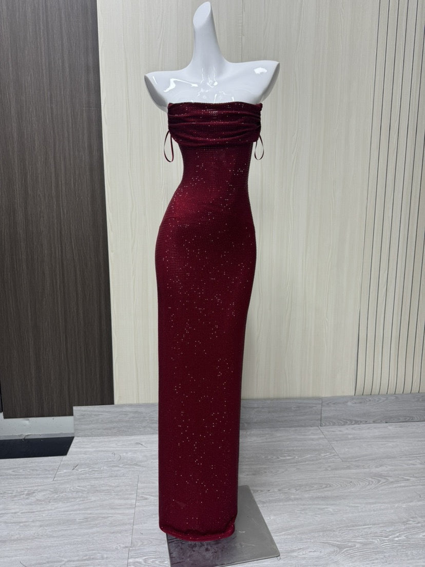 Strapless maxi evening dress with sparkling rhinestone embellishments – GLOW