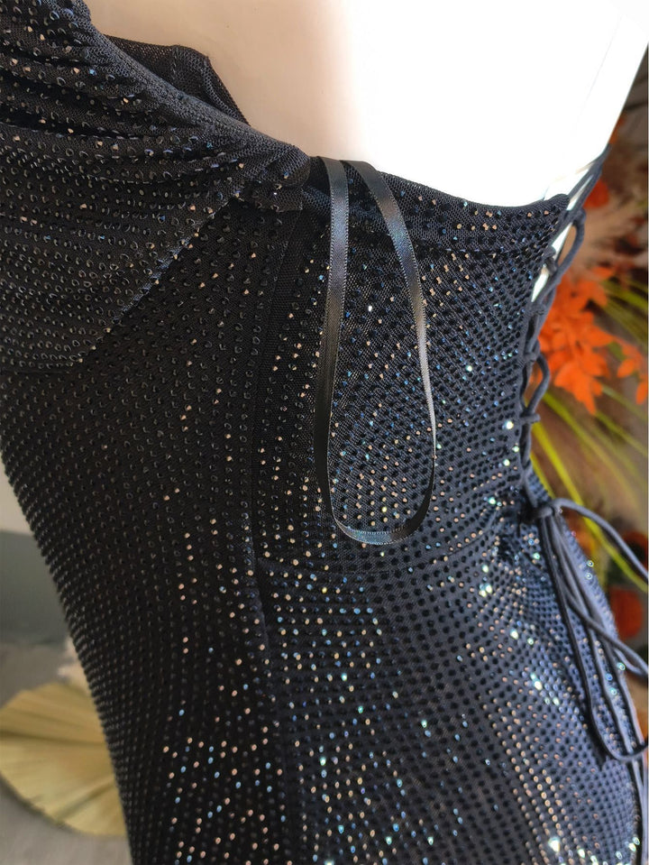 Strapless maxi evening dress with sparkling rhinestone embellishments – GLOW