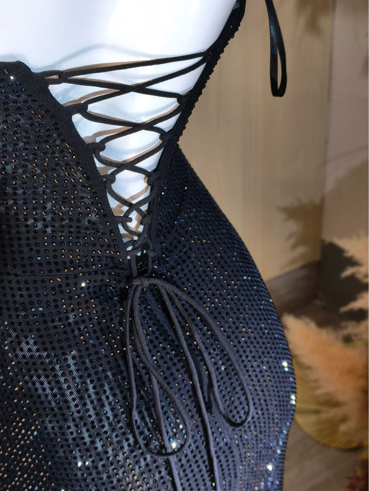 Strapless maxi evening dress with sparkling rhinestone embellishments – GLOW