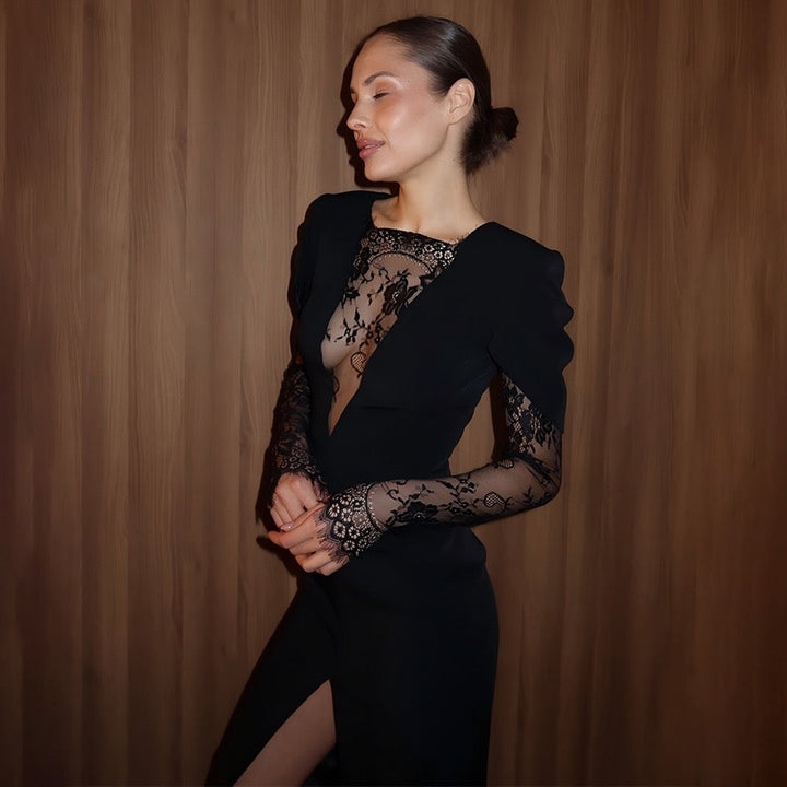 Tailored midi dress with lace and slit design - SALIN