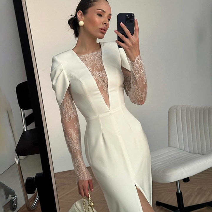 Tailored midi dress with lace and slit design - SALIN