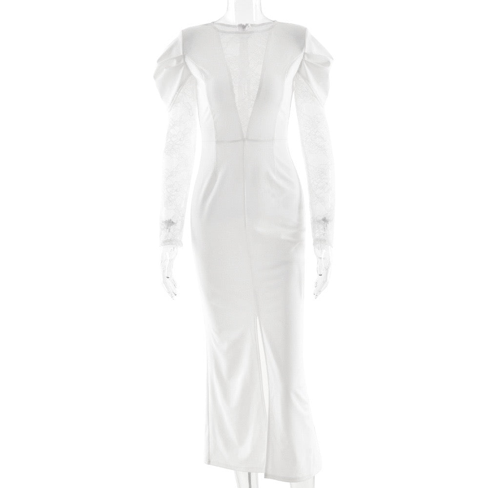 Tailored midi dress with lace and slit design - SALIN