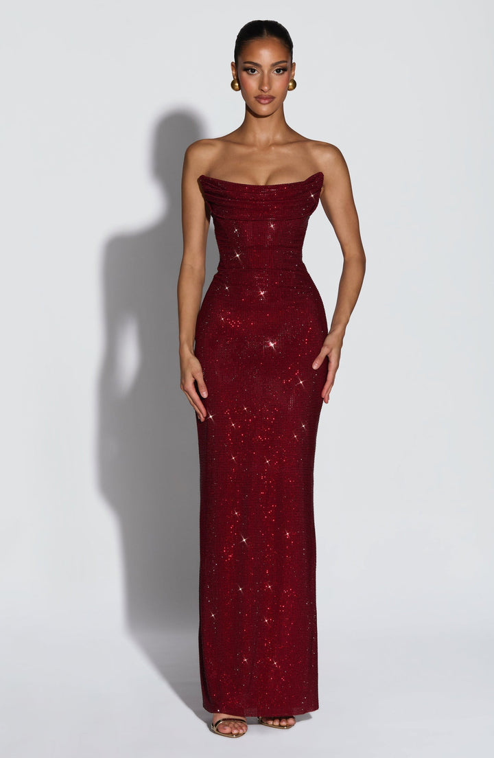Strapless maxi evening dress with sparkling rhinestone embellishments – GLOW