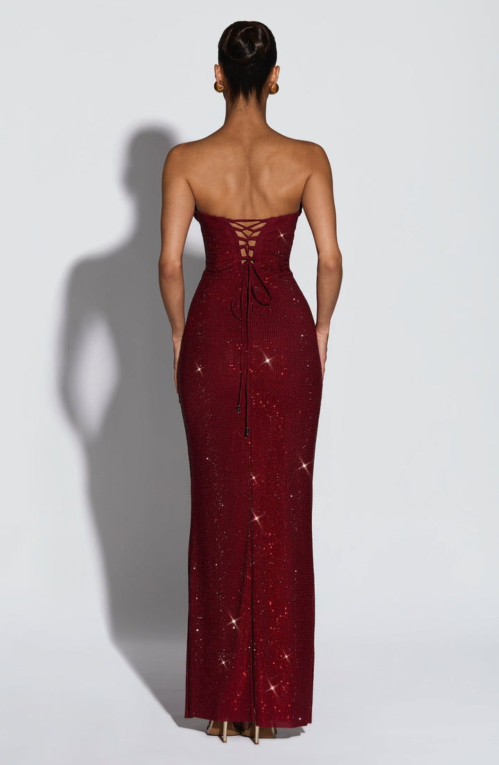 Strapless maxi evening dress with sparkling rhinestone embellishments – GLOW