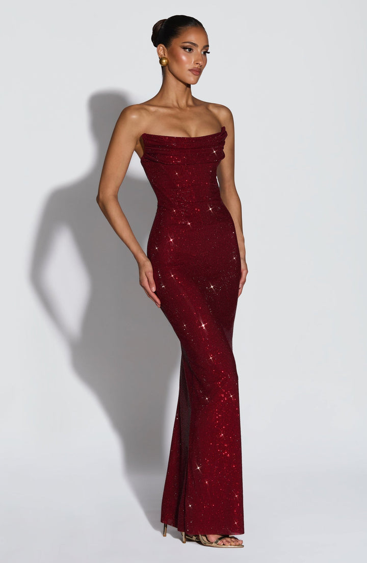 Strapless maxi evening dress with sparkling rhinestone embellishments – GLOW