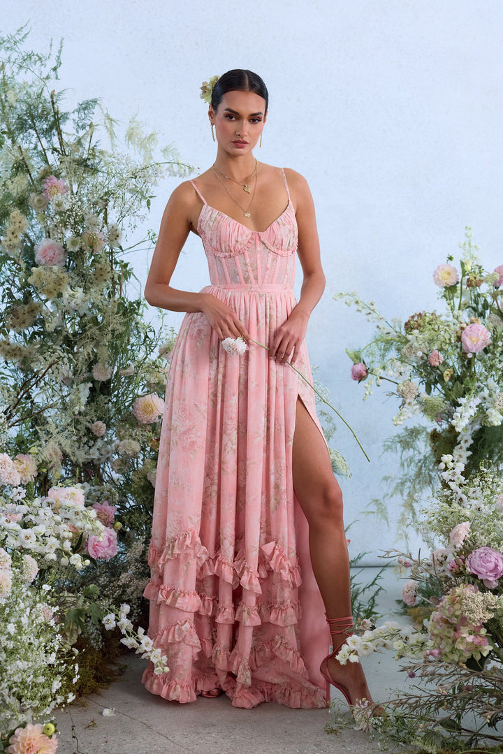 Floral chiffon ruffled maxi dress with a slit design – Isabella