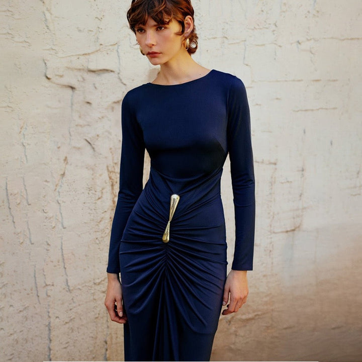 Maxi dress with gathers and buckle design - RAVIV