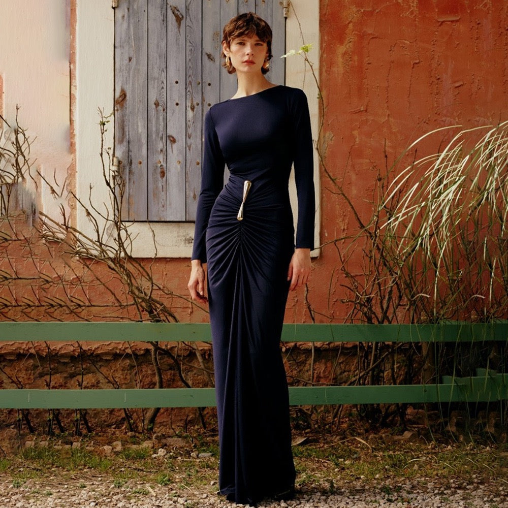 Maxi dress with gathers and buckle design - RAVIV