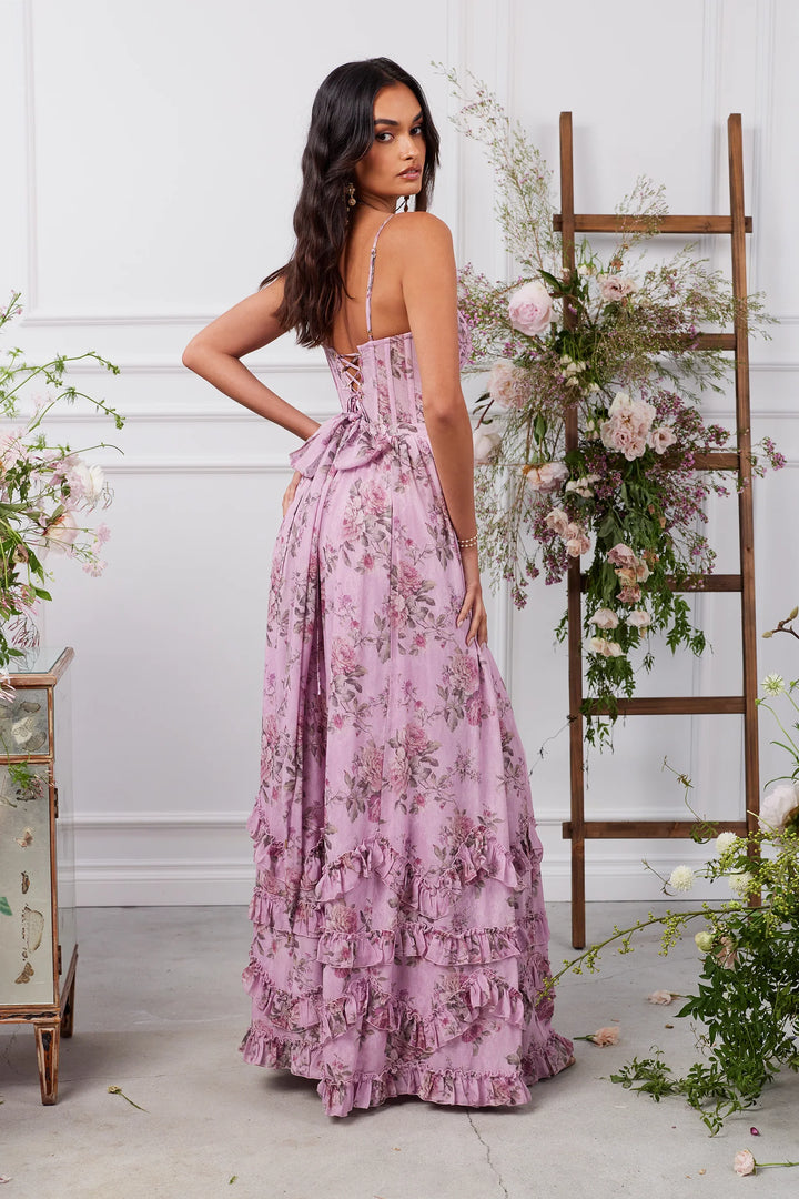 Floral chiffon ruffled maxi dress with a slit design – Isabella