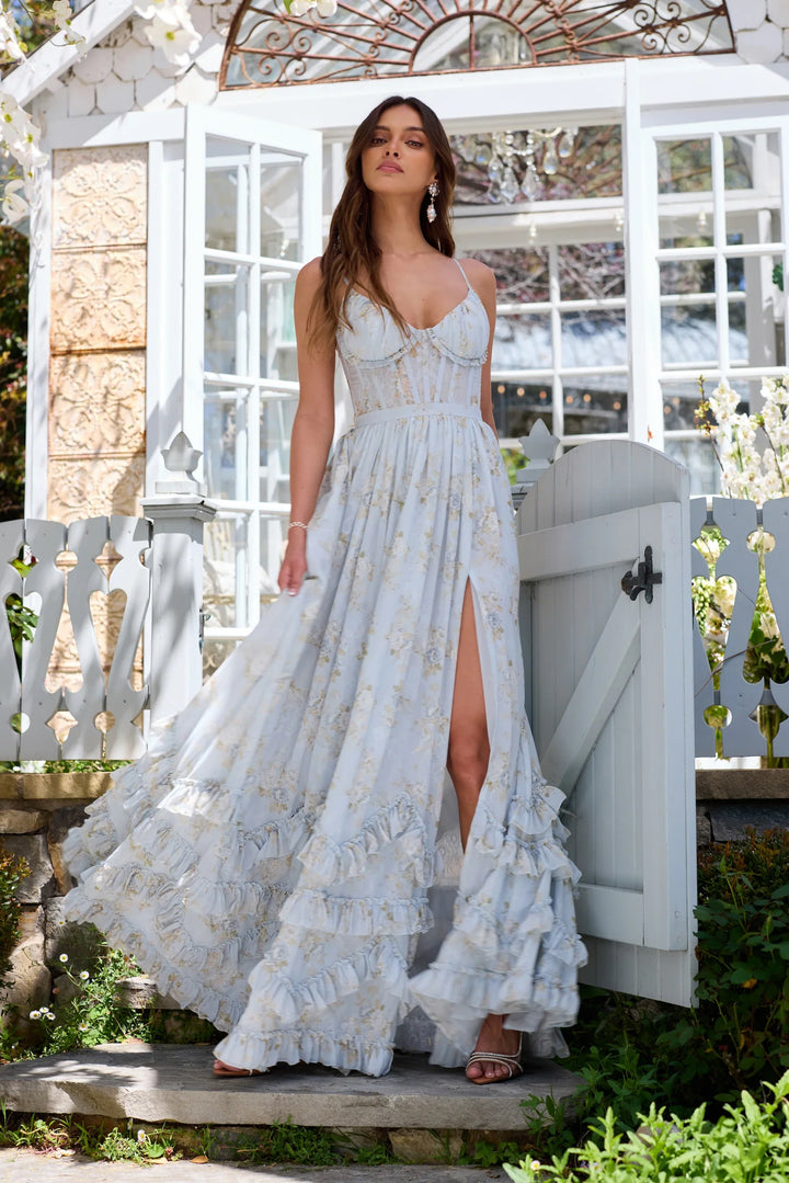 Floral chiffon ruffled maxi dress with a slit design – Isabella