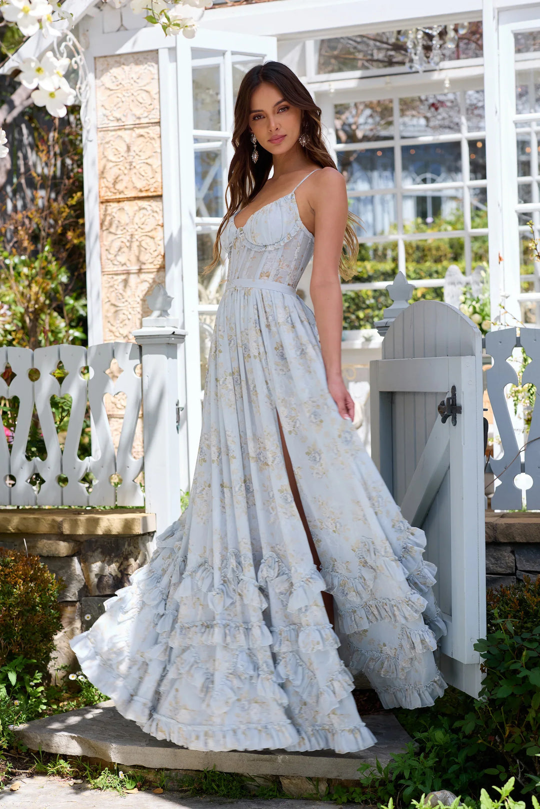 Floral chiffon ruffled maxi dress with a slit design – Isabella