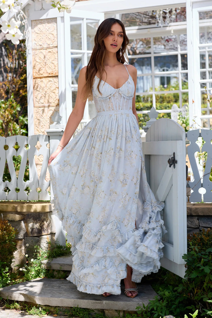 Floral chiffon ruffled maxi dress with a slit design – Isabella