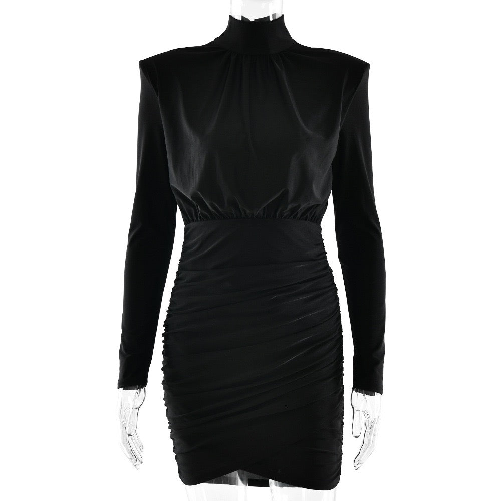 Mini turtleneck dress with pleated design, shiny fabric - JIMMY