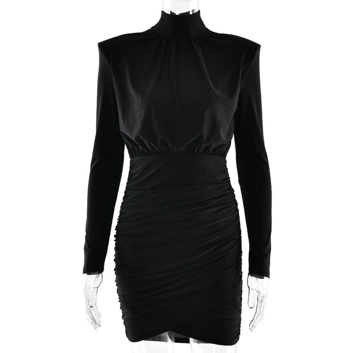 Mini turtleneck dress with pleated design, shiny fabric - JIMMY