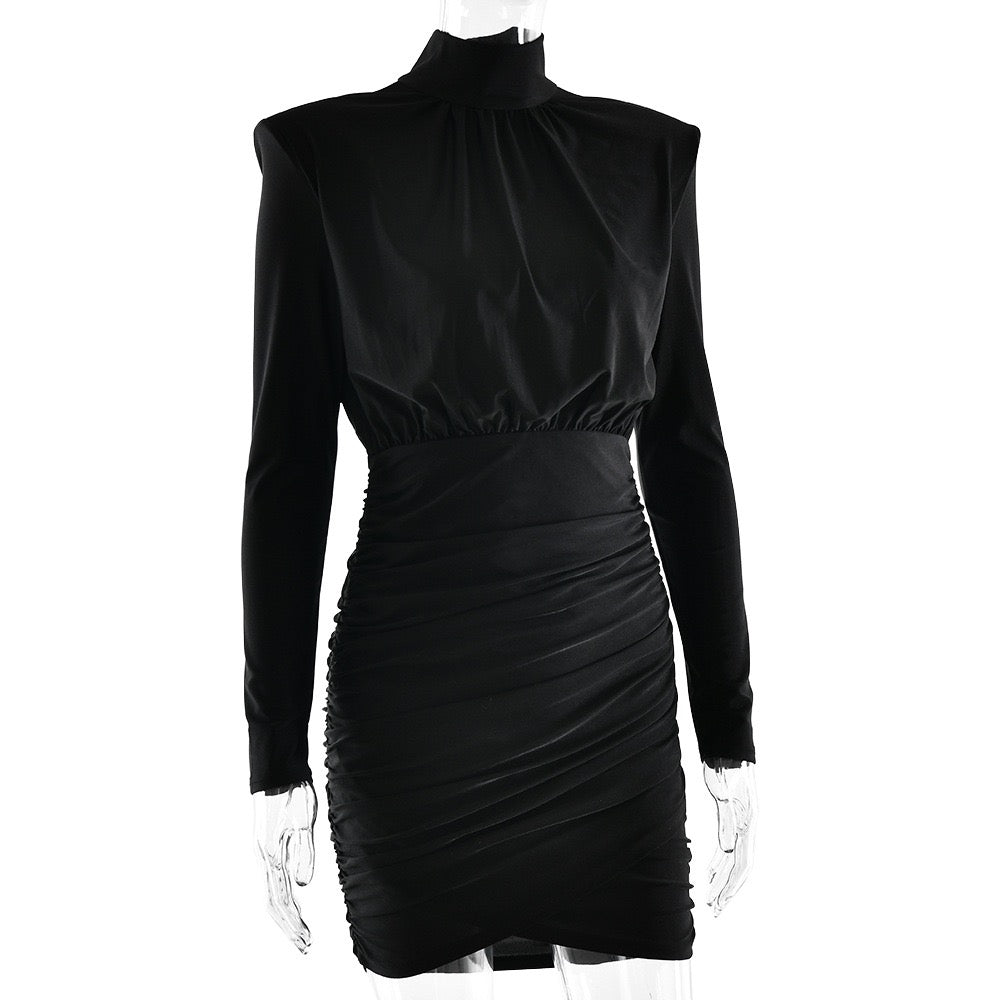 Mini turtleneck dress with pleated design, shiny fabric - JIMMY
