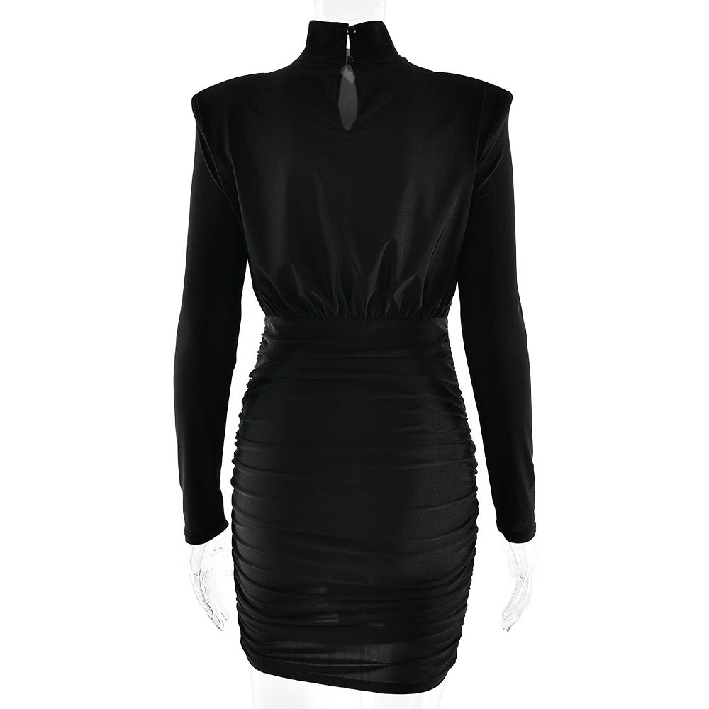 Mini turtleneck dress with pleated design, shiny fabric - JIMMY