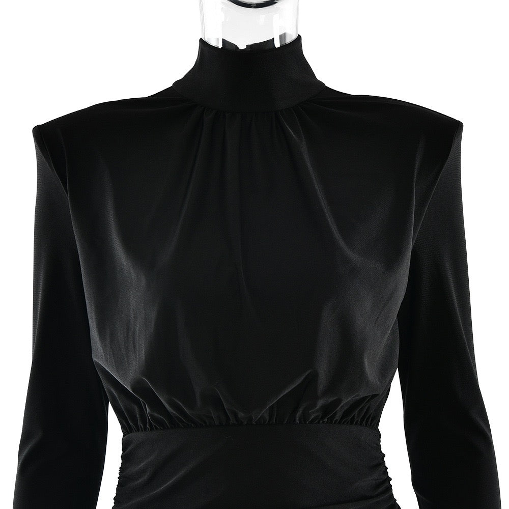 Mini turtleneck dress with pleated design, shiny fabric - JIMMY