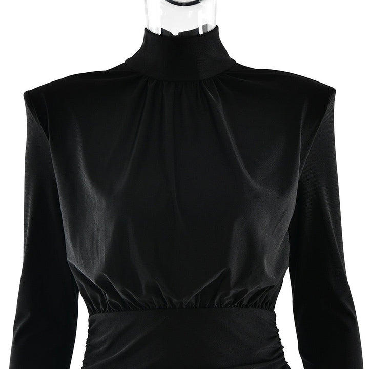 Mini turtleneck dress with pleated design, shiny fabric - JIMMY