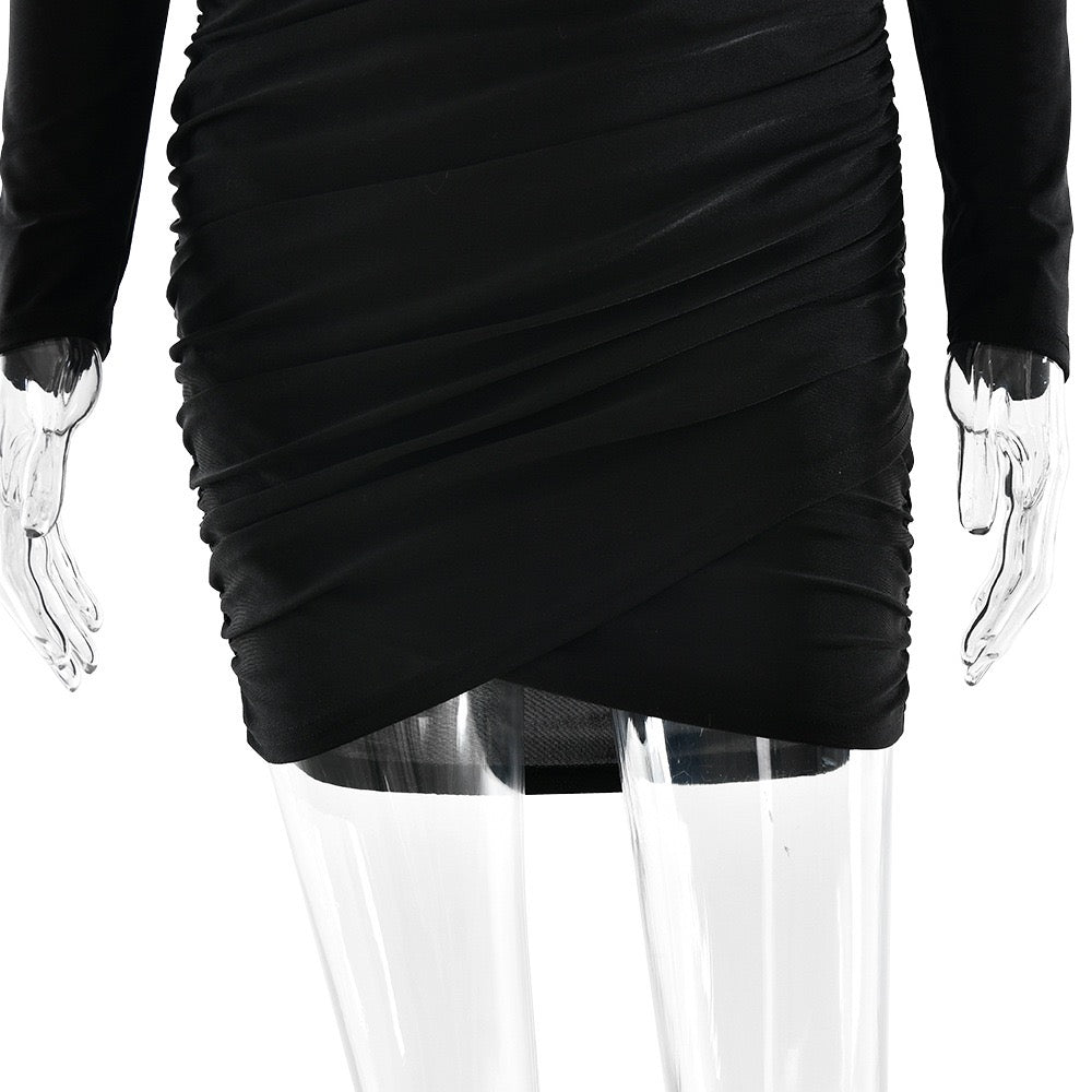 Mini turtleneck dress with pleated design, shiny fabric - JIMMY