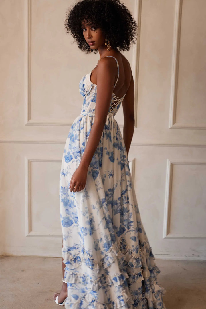 Floral chiffon ruffled maxi dress with a slit design – Isabella