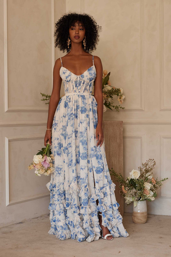 Floral chiffon ruffled maxi dress with a slit design – Isabella