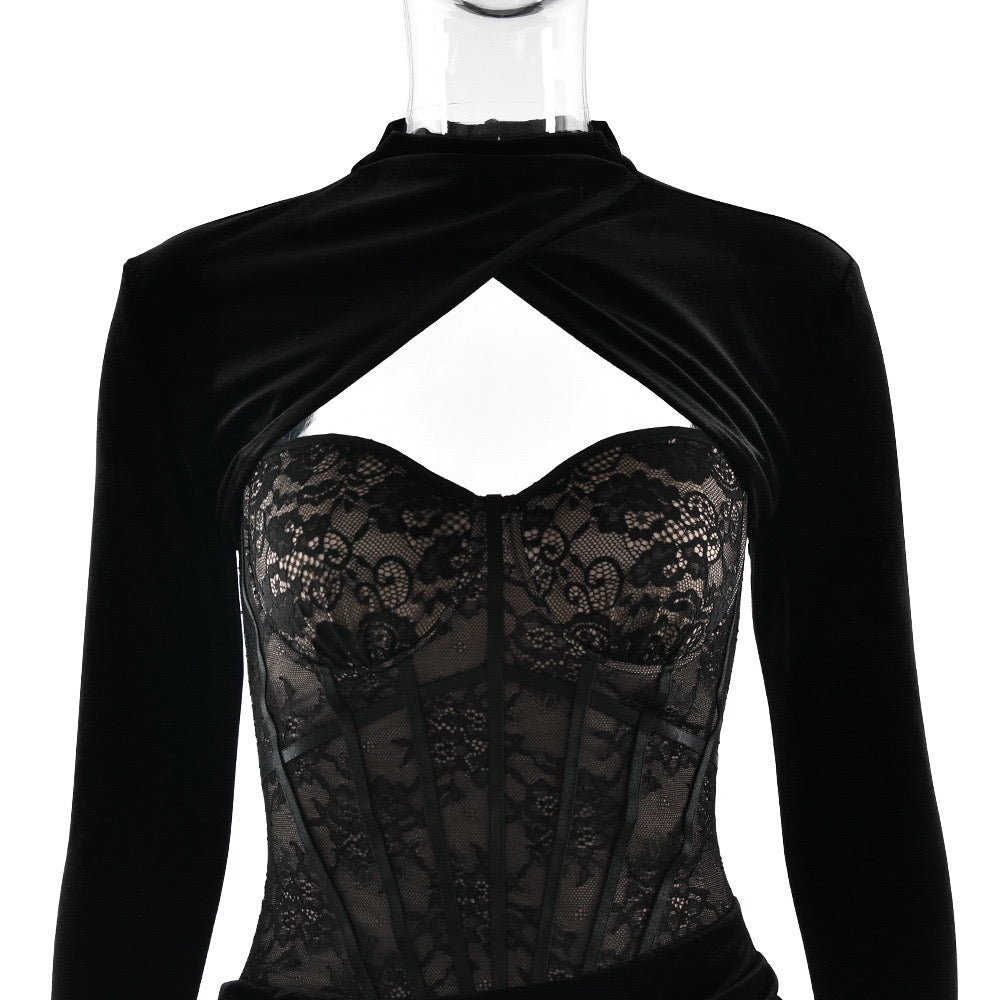 Strapless velvet maxi dress with lace bodice design and matching top - Isabella