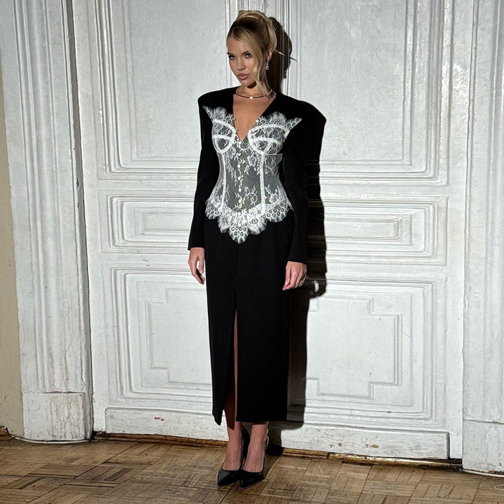 Elegant Fitted Maxi Dress with Lace Decoration and Slit Design - YANA