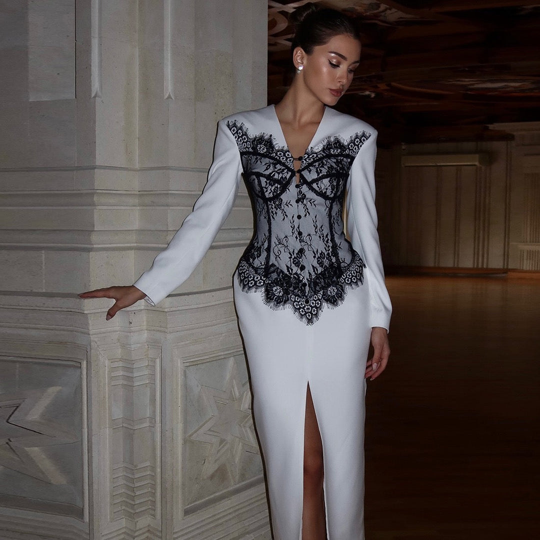 Elegant Fitted Maxi Dress with Lace Decoration and Slit Design - YANA