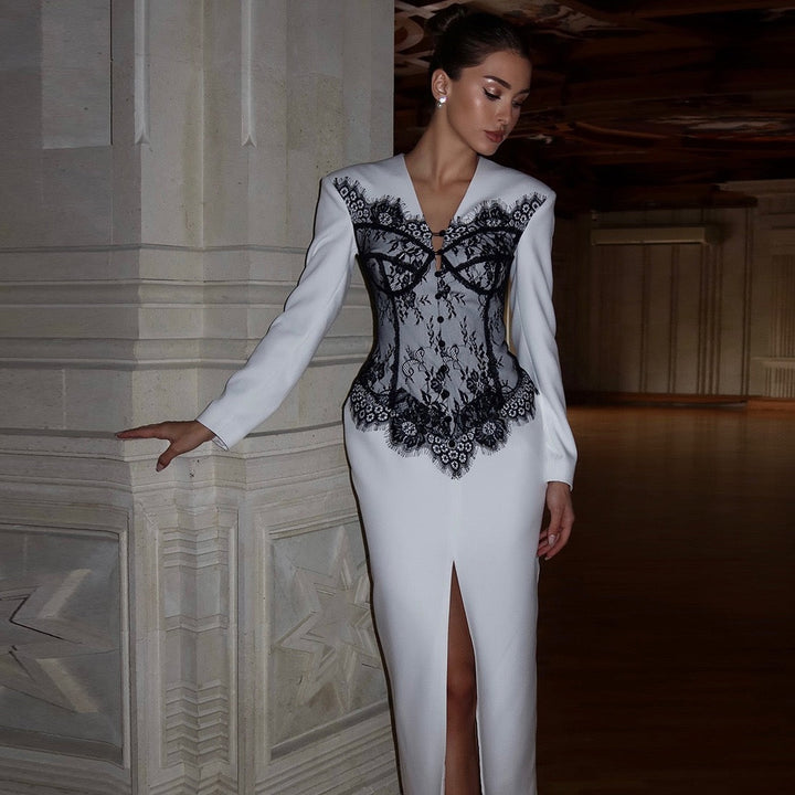Elegant Fitted Maxi Dress with Lace Decoration and Slit Design - YANA