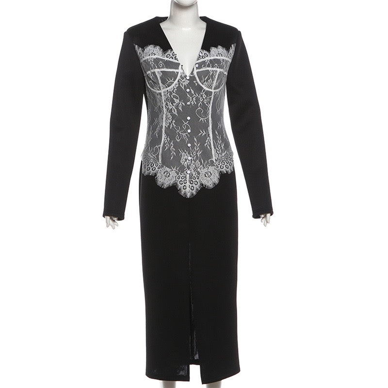 Elegant Fitted Maxi Dress with Lace Decoration and Slit Design - YANA