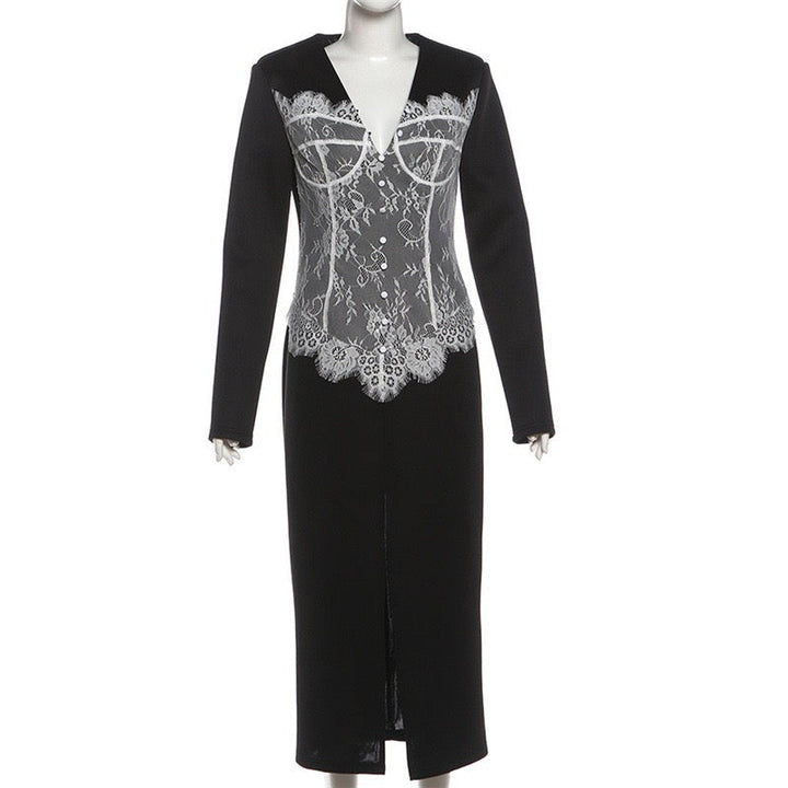 Elegant Fitted Maxi Dress with Lace Decoration and Slit Design - YANA