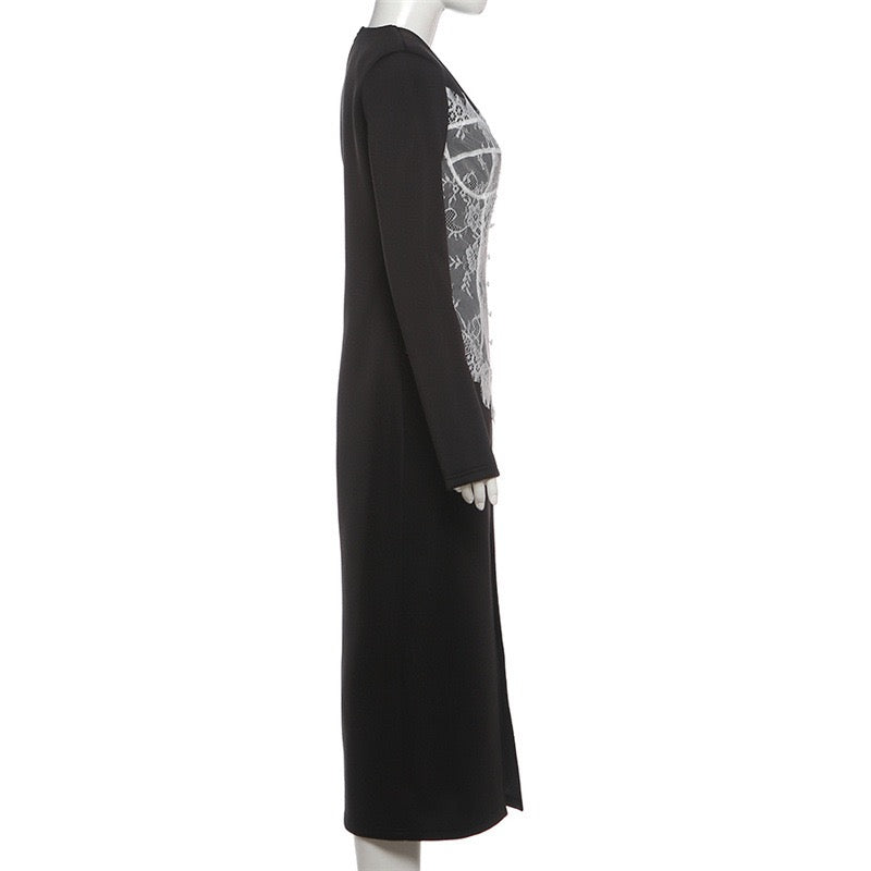 Elegant Fitted Maxi Dress with Lace Decoration and Slit Design - YANA