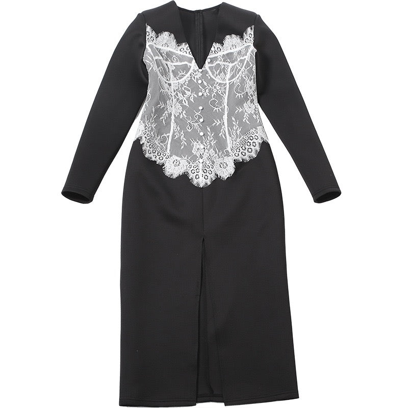 Elegant Fitted Maxi Dress with Lace Decoration and Slit Design - YANA