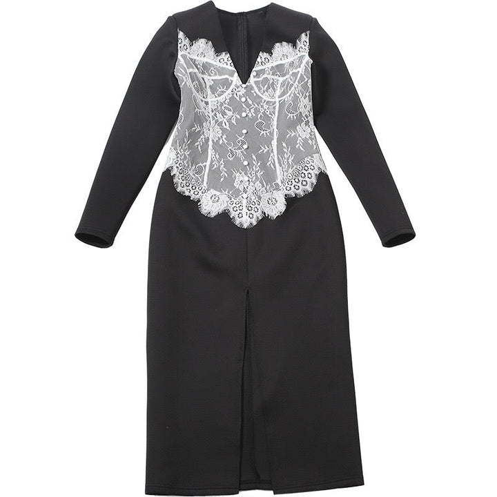 Elegant Fitted Maxi Dress with Lace Decoration and Slit Design - YANA