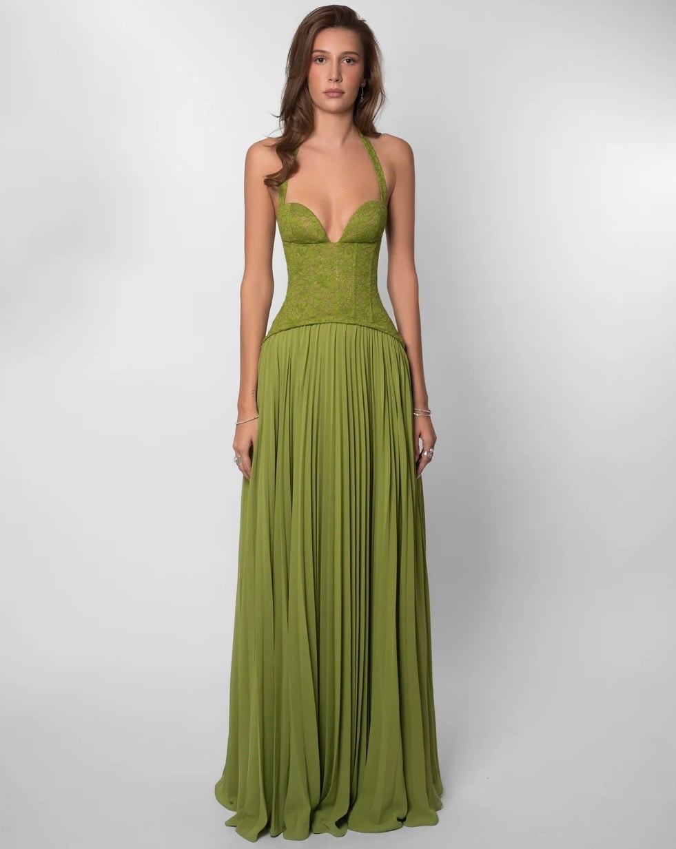 Pleated maxi dress with a lace design, back tie, and waist fastening - MELIA