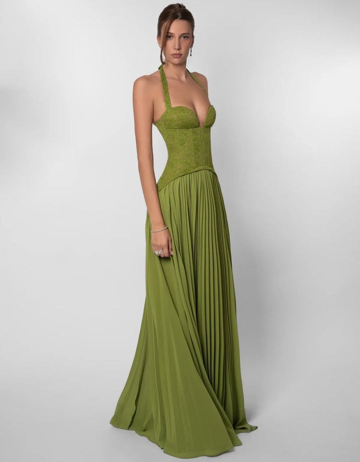 Pleated maxi dress with a lace design, back tie, and waist fastening - MELIA